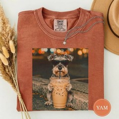 Funny Miniature Schnauzer Drinking Iced Coffee Unisex T-Shirt