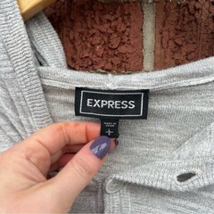 Express Marled Gray and Dark Gray Striped Knitted Button Hoodie Sweater