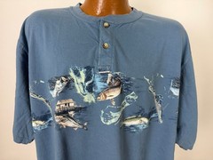 Fish Graphic Henley Shirt Men XXL Saltwater Fishing Bass Dad Cotton Reel Legends