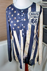 Route 66 Mens Shirt Large Henley Flag USA Blue Brown Button Easy Care