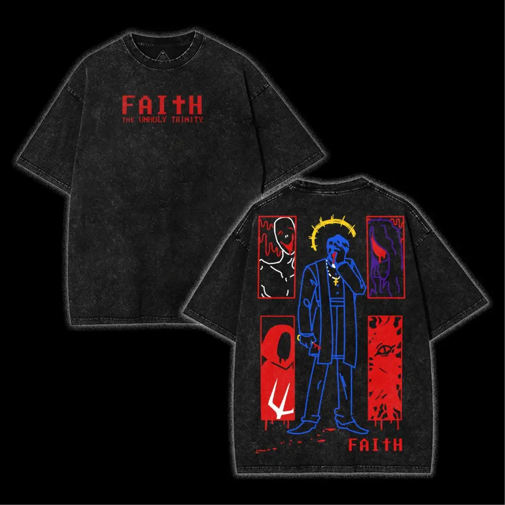 FAITH The Unholy Trinity Horror Game Vintage Washed Tee Unisex Heavyweight Cotto