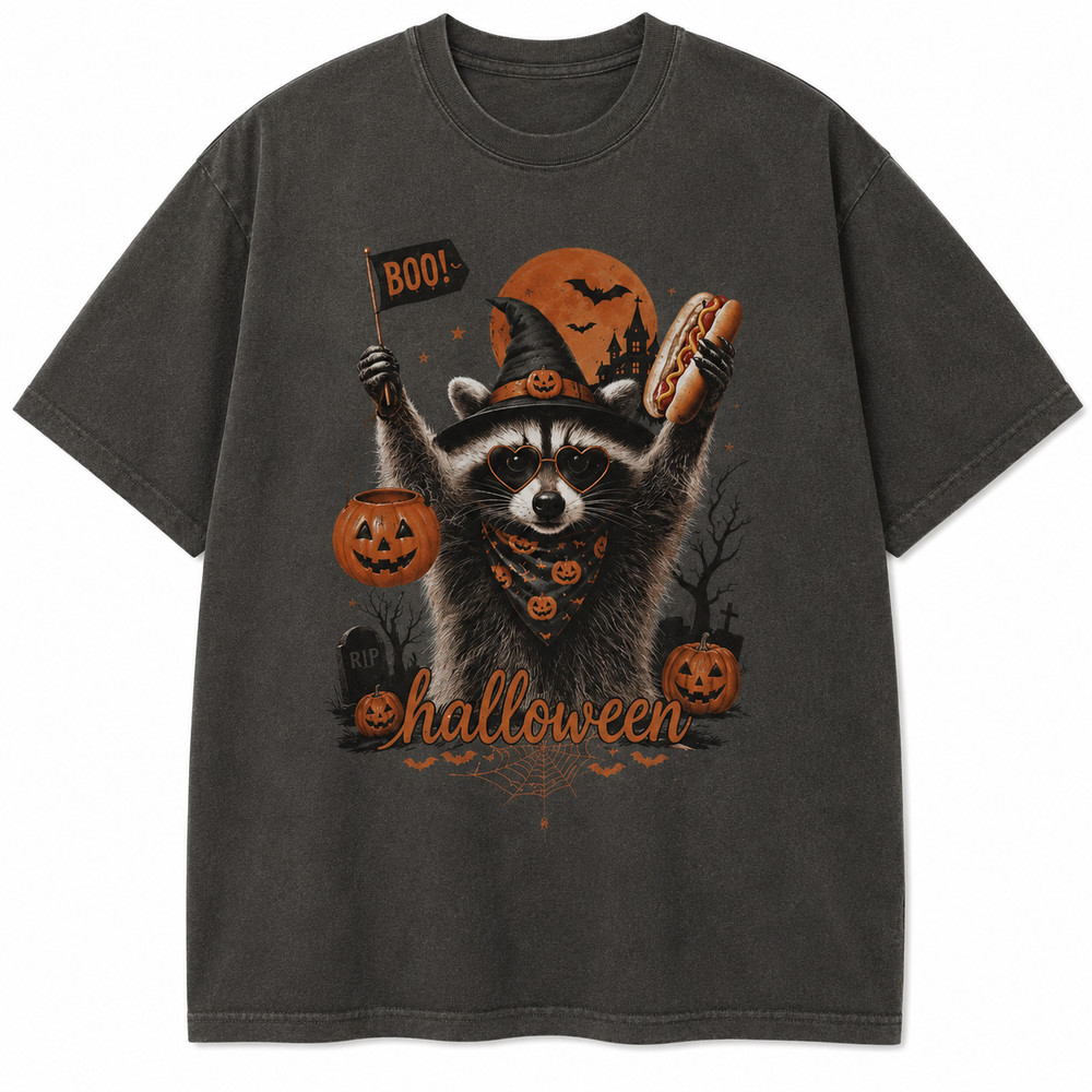 Funny Raccoon Halloween Shirt Trash Panda Witch Graphic Tee Retro Gift