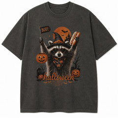 Funny Raccoon Halloween Shirt Trash Panda Witch Graphic Tee Retro Gift