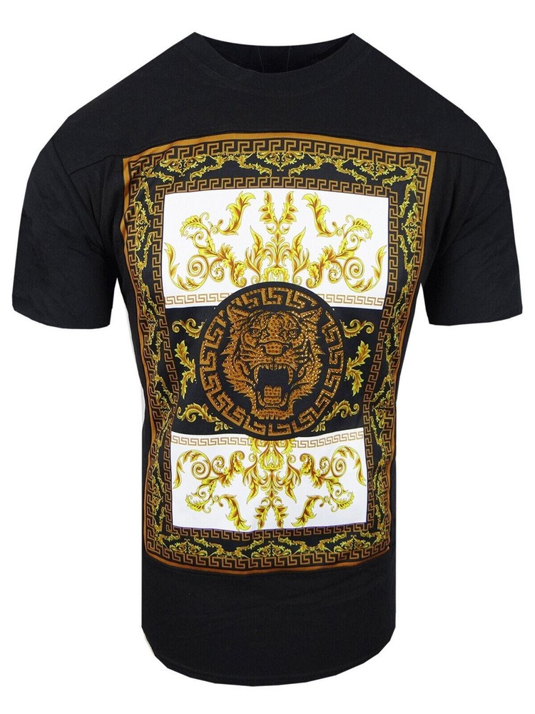 Italian T-Shirt Men Baroque Florals Shiny Stones Rhinestone Gold Tiger Crew Neck
