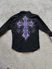 Victorious Los Angeles Men’s L Black Purple Cross Embroidered Shirt Gothic Y2K
