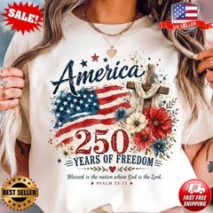 America 250 Years Faith Freedom Shirt Christian Patriotic Floral T-Shirt, S-5XL