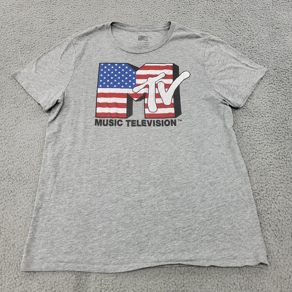 MTV Music Television Shirt Mens Large Gray Heather USA Flag Logo Graphic