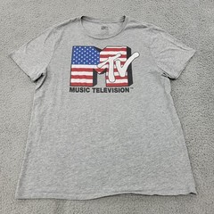 MTV Music Television Shirt Mens Large Gray Heather USA Flag Logo Graphic