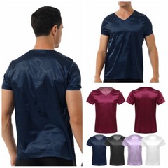 Men’s Satin Pullover Short Sleeve V Neck Tops Loungewear Sleepwear Nightwear