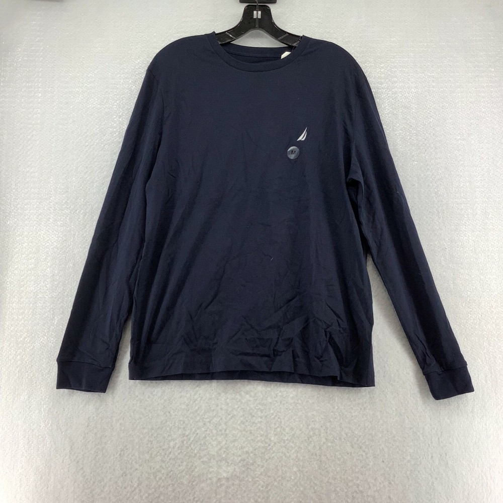Nautica Mens Long Sleeve Crew Neck Straight Hem Navy Blue T Shirt Size Medium