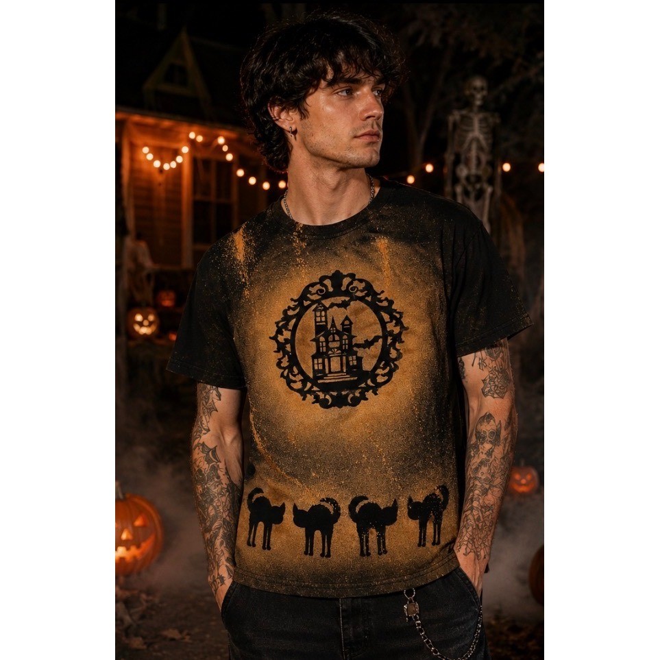 Halloween Bleach Wash T-Shirt Black Medium Haunted House Cats Ghosts Goth Spooky