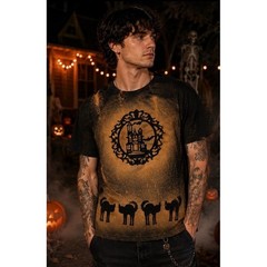 Halloween Bleach Wash T-Shirt Black Medium Haunted House Cats Ghosts Goth Spooky