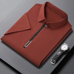 New Men’s Business Casual Zipper Short Sleeve Solid Color Polo Shirt Fashionable