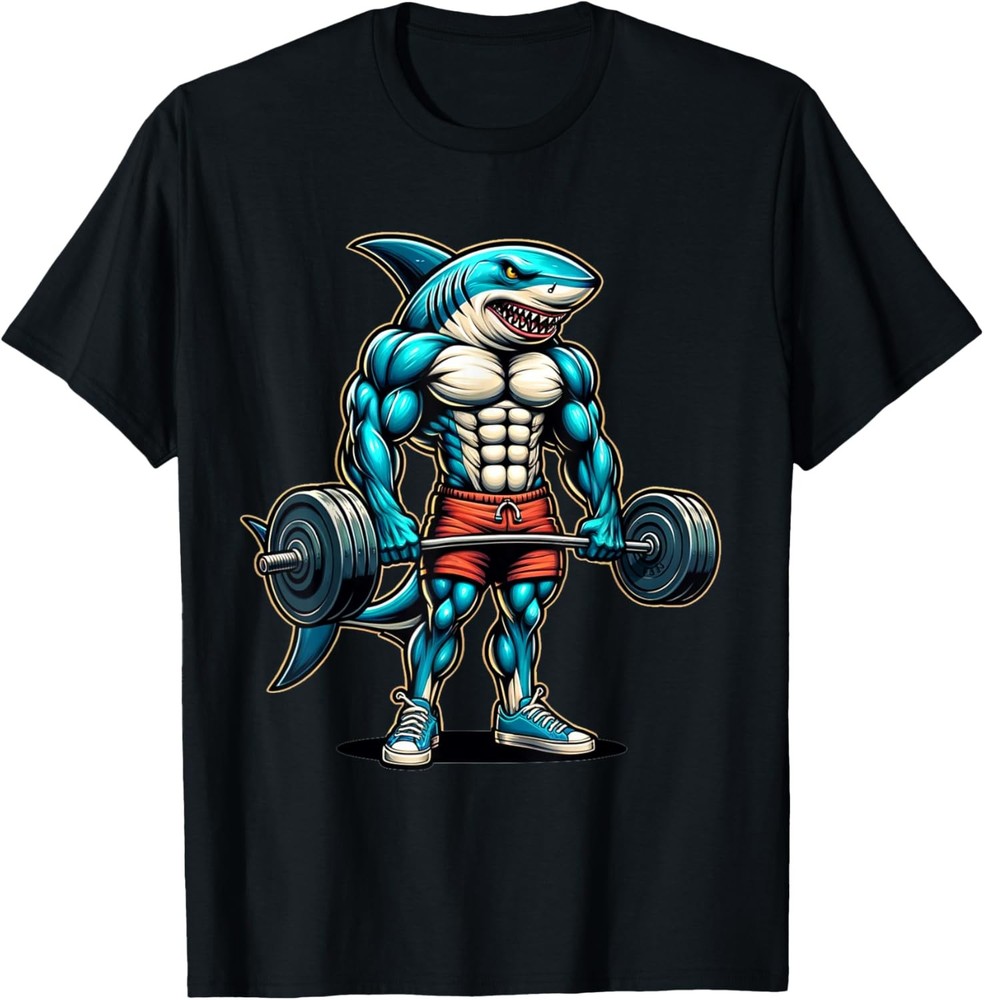 Funny Cool Shark Weightlifting Bodybuilder Muscle Fitness T-Shirt
