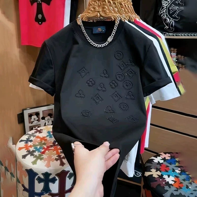 New Fashion Men Trendy Drill Rhinestone Diamond Summer Streetwear Luxury T-Shirt