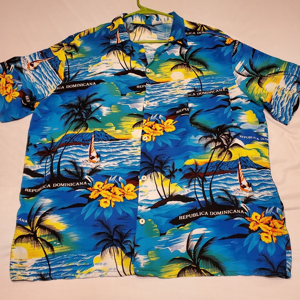 Dominican Caribbean Tropical Button Palm Tree Island Floral Shirt Yellow & Blue