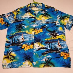 Dominican Caribbean Tropical Button Palm Tree Island Floral Shirt Yellow & Blue