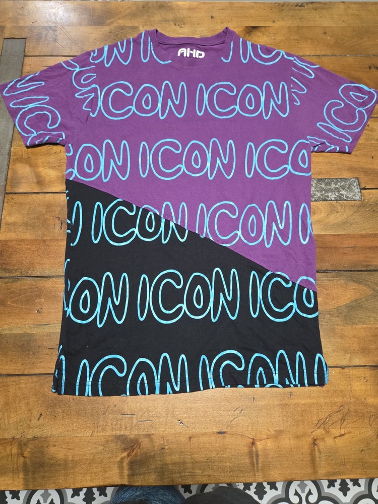 AHD Icon Shirt Mens Colorblock Purple Black Neon Slanted Asymmetrical Print Tee