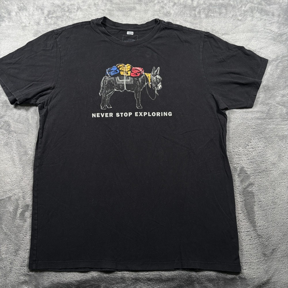 The North Face T-Shirt Mens Large Black Logo Donkey Never Stop Exploring Graphic