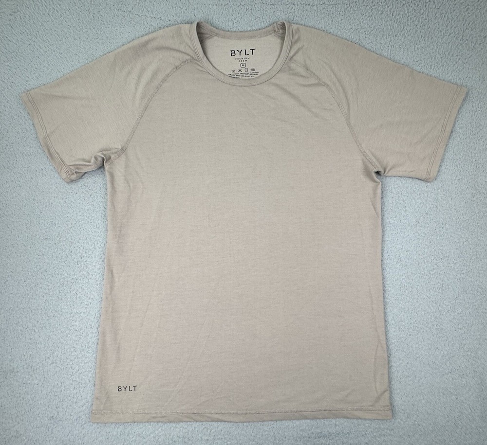 BYLT Premium Crew Shirt Mens XL Beige Short Sleeve Raglan Straight Hem Stretch