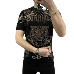 New Men Luxury Diamond Tiger Rhinestones Fashion Black T-Shirt High Quality