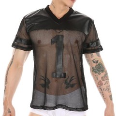Men’s Transparent Fishnet Stripe Tee Tops Short Sleeve Black Mesh Sheer T-shirt