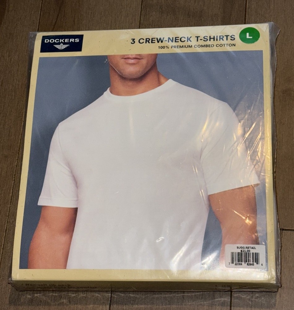 Dockers Crew Neck T-Shirt Men’s 100% Premium Cotton – White 3 Pack Large New