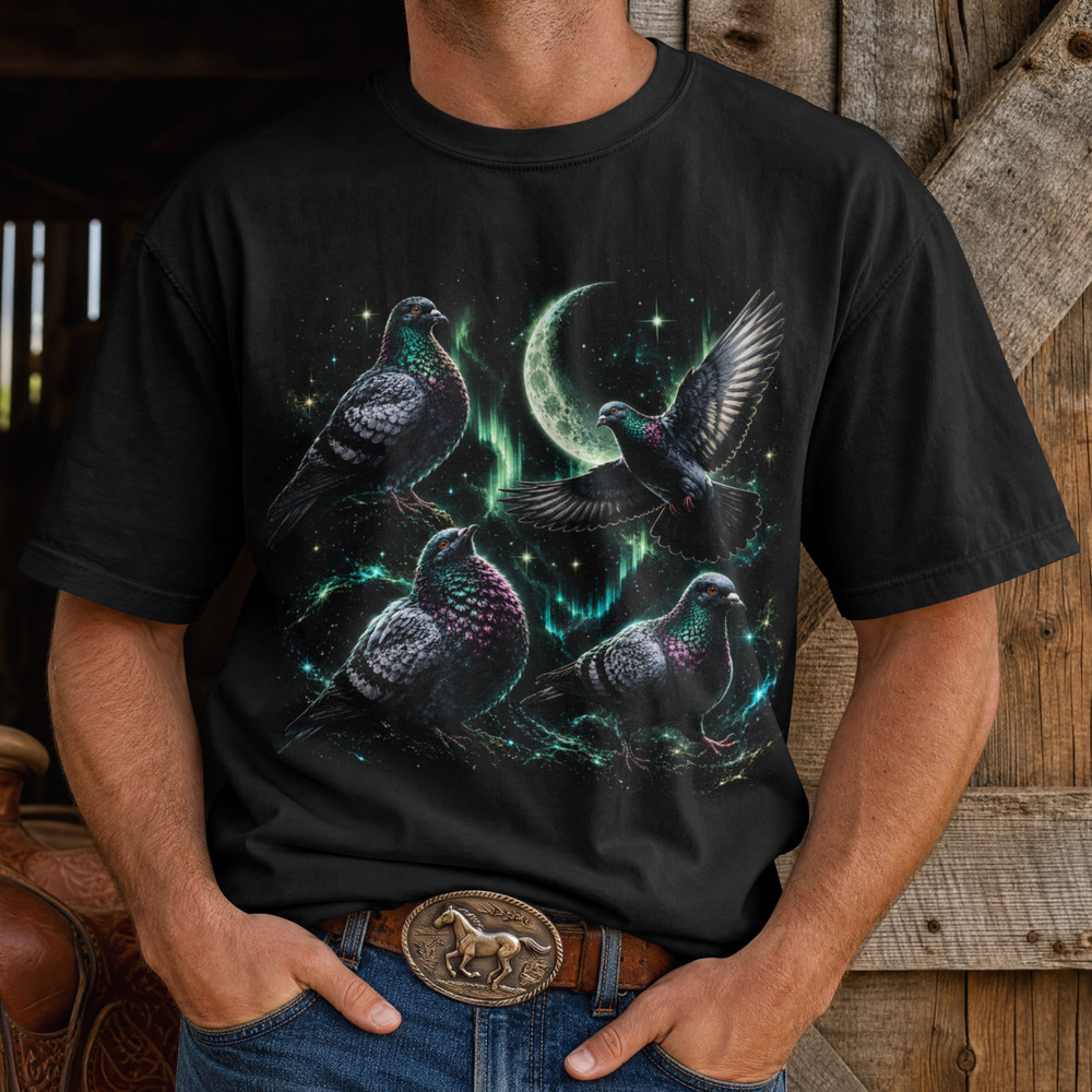 Three Pigeon Moon T-Shirt Funny Meme Graphic Tee Men Northern Lights Moon Unisex
