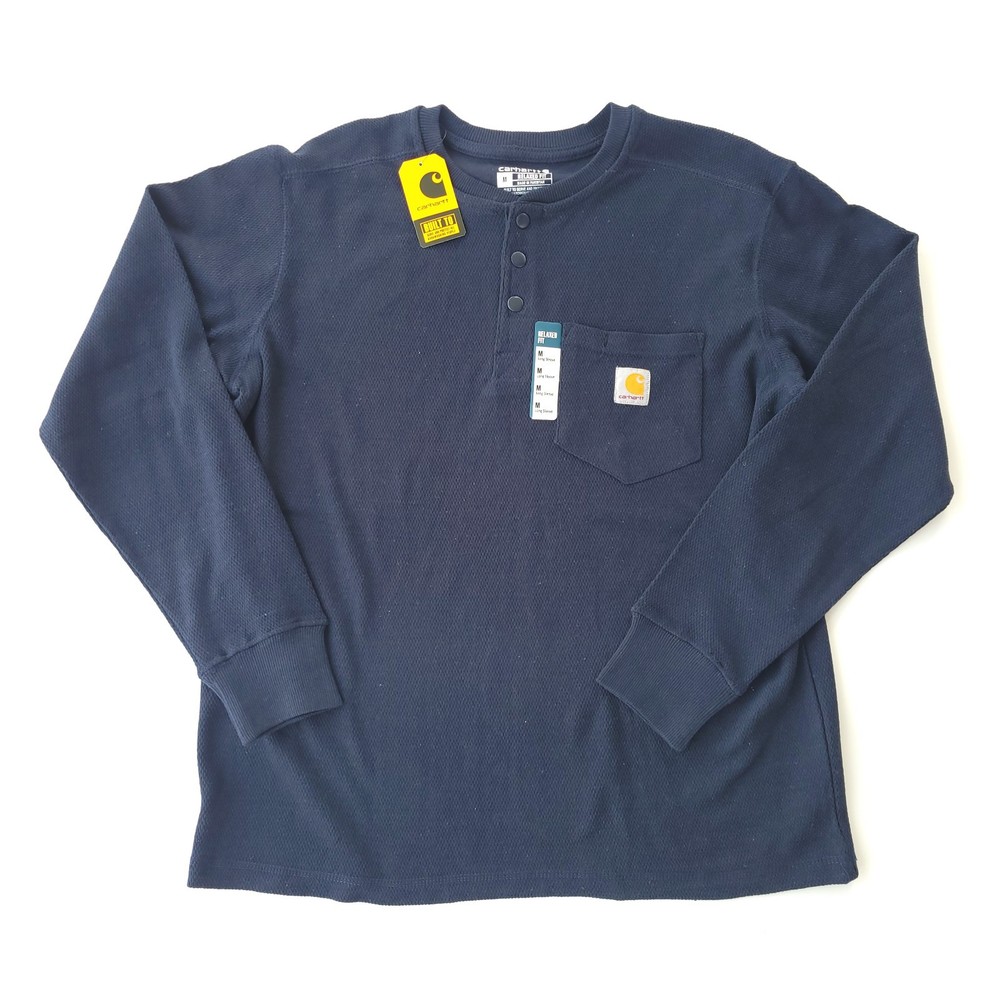 NWT Carhartt MEDIUM Relaxed Fit Heavyweight L/S Henley Pocket Thermal Shirt Navy