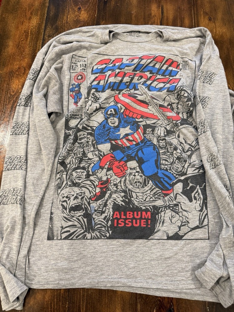 Marvel Captain America Men’s Gray Long Sleeve Graphic Logo Crew Neck T-Shirt XL