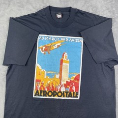 Vintage 80s Art Deco Shirt Mens 2XL Single Stitch Au Maroc Par Avion Airplane