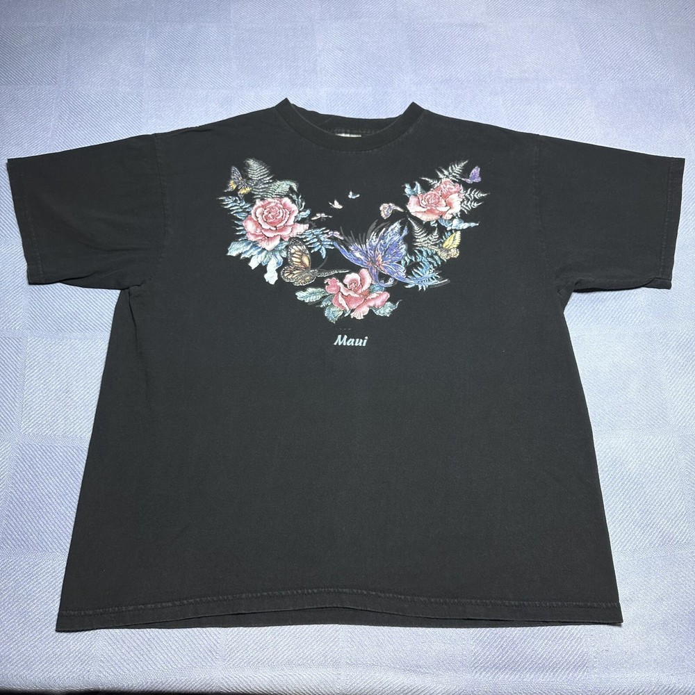 Vintage 1990s Maui Hawaii Pink Roses And Butterflies Black T-Shirt Size XL