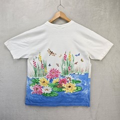 Vintage 90s Lake Nature Flower Dragonfly Wrap Around Shirt Large White Butterfly
