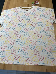 OBERMAIN White w/ Multi-color Hearts Design Cotton Bamboo Tshirt, Unisex Men’s M