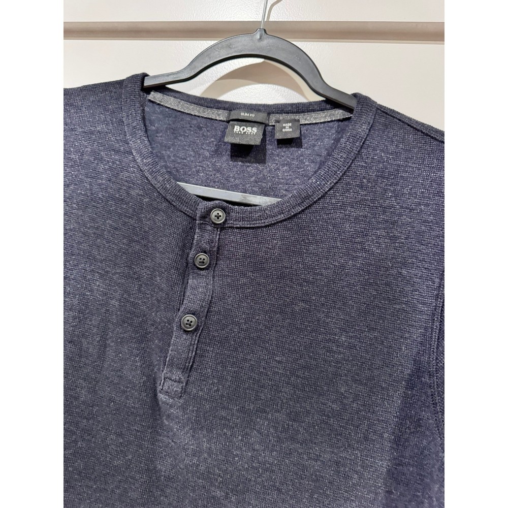Hugo Boss Slim Fit Henley Shirt Mens Large Navy Blue Cotton Short Sleeve Knit