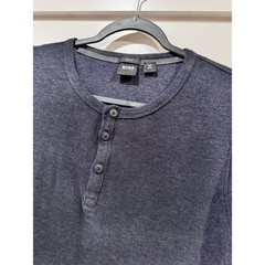 Hugo Boss Slim Fit Henley Shirt Mens Large Navy Blue Cotton Short Sleeve Knit