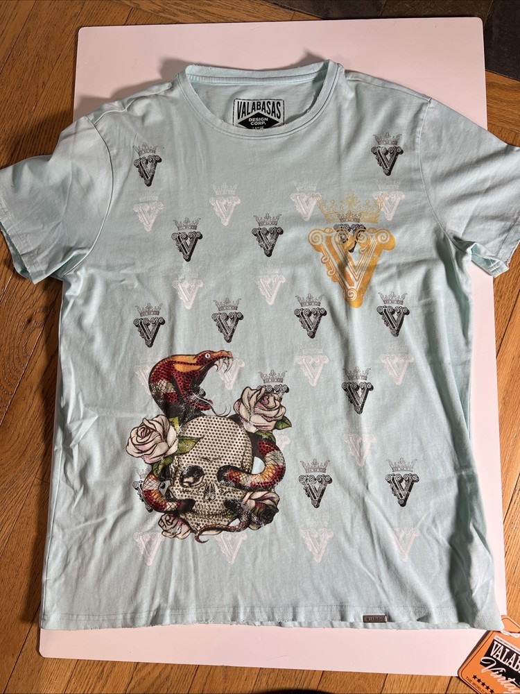 Valabasas Skull Viper Designer T Shirt Men’s Large Oversized Teal. Beaded Rhines
