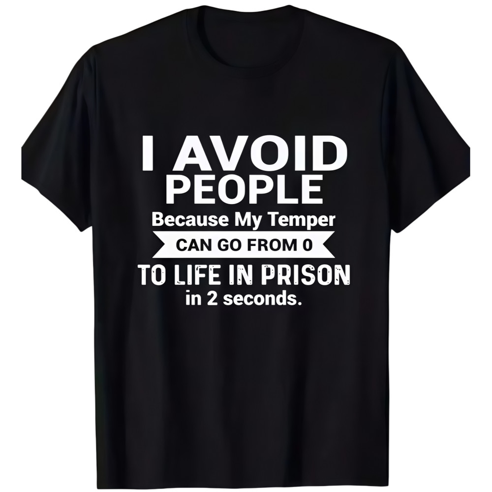 Men’s Black Cotton Graphic T-Shirt – “I Avoid People” Funny Print, Round Neck