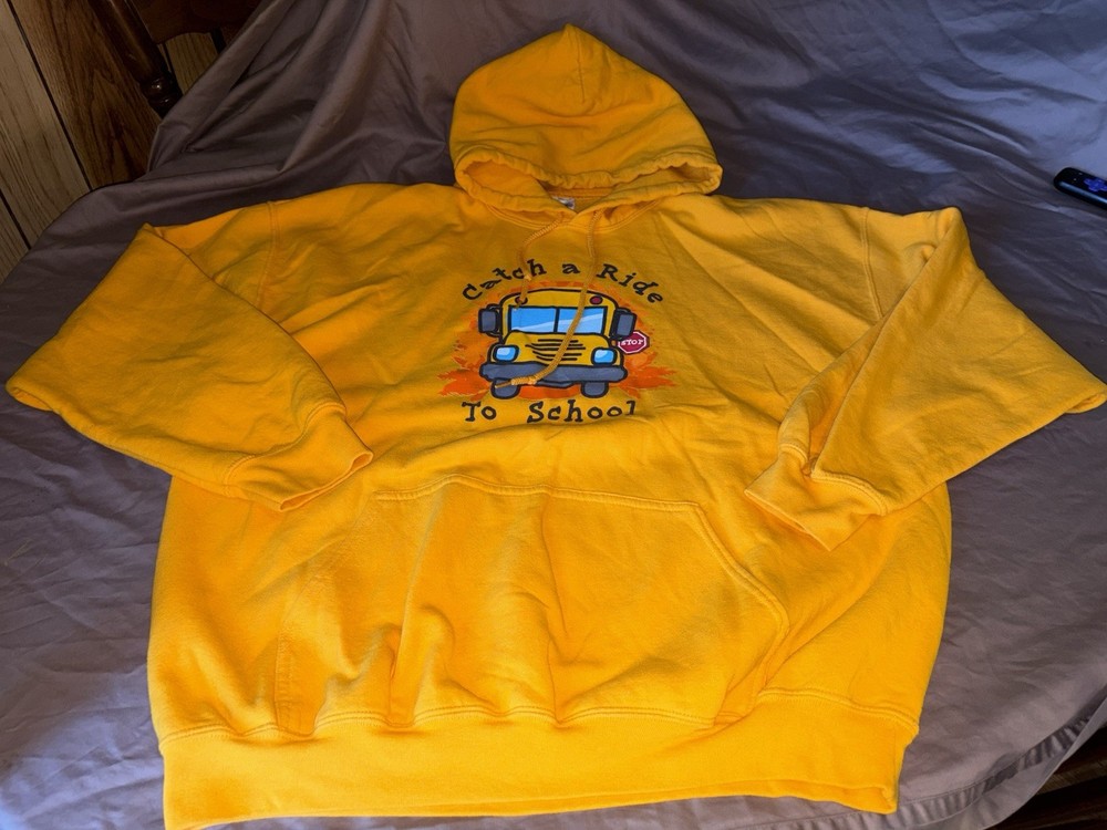 GILDAN heavy blend 2XL CATCH A RIDE TO SCHOOL YELLOW LS HOODED SWEATSHIRT NNT