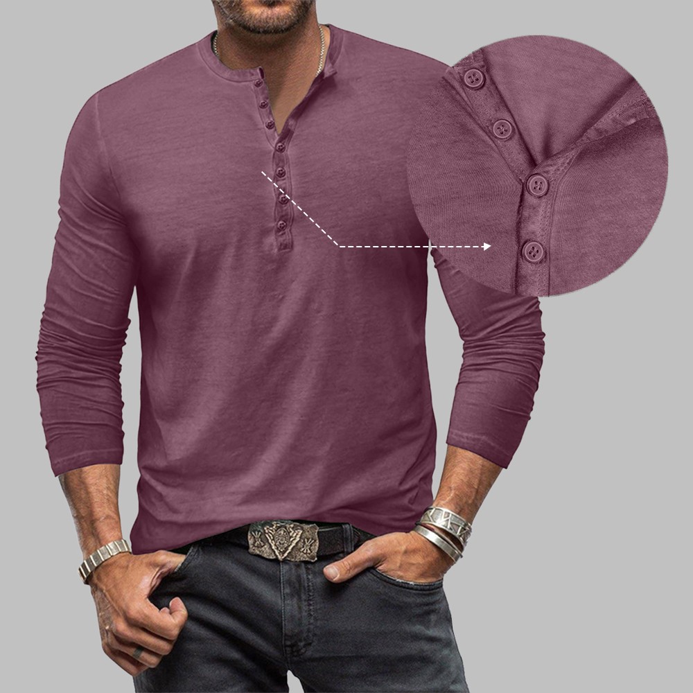 Mens Henley Grandad Casual Shirts Long Sleeve Muscle Slim Fit Button T Shirt Top