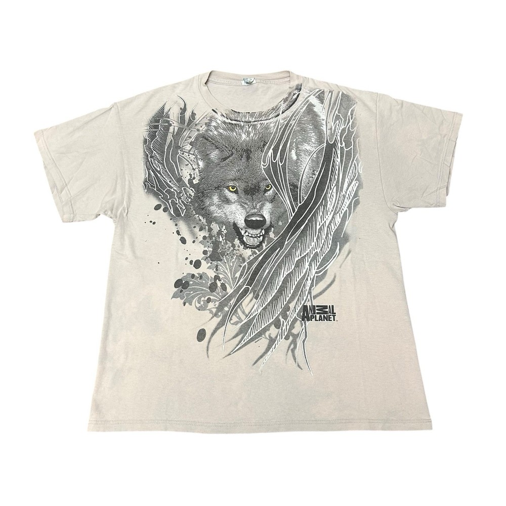 Vintage Y2K Tribal Animal Planet Wolf T-shirt Sz L Cyber Tattoo Worn Distressed