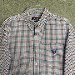Chaps Button Down Shirt Mens Medium Red Blue Plaid Short Sleeve Collared Casual