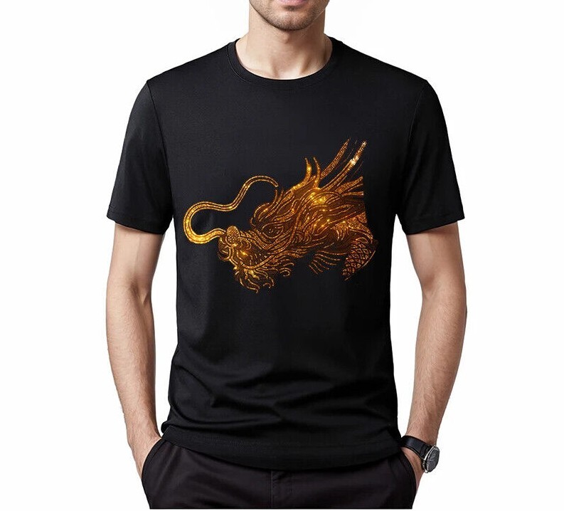 Fashion Trend Dragon Hot Diamonds Rhinestones Black Summer Luxury Men T-Shirt