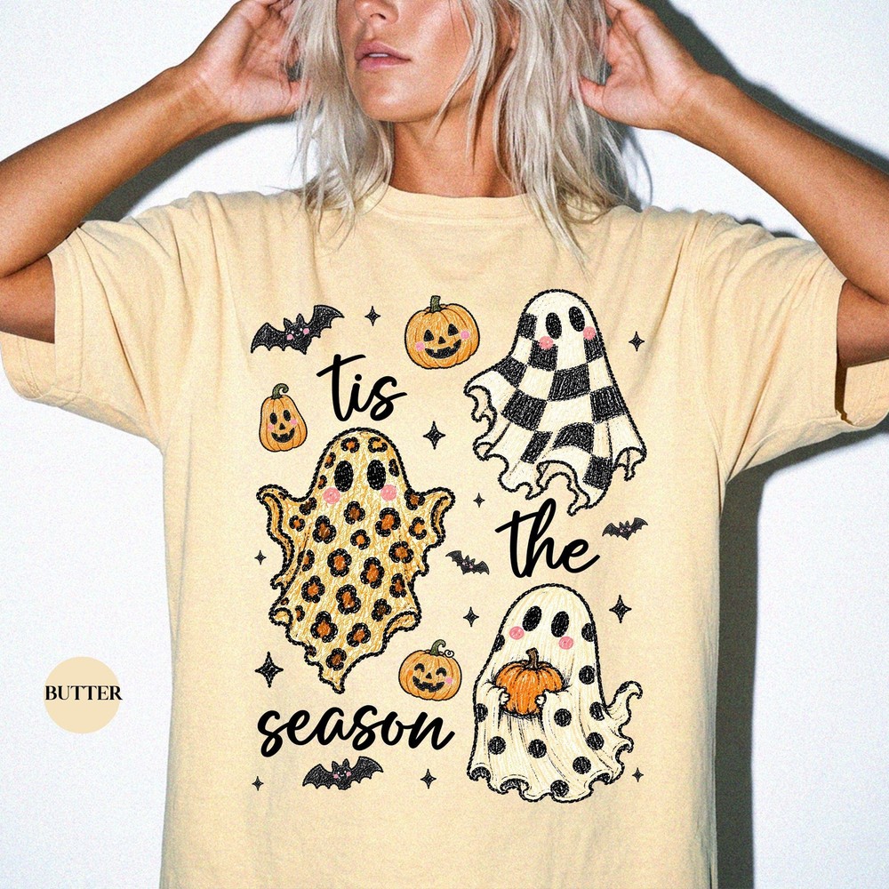 Vintage Halloween Ghost Shirt Tis The Season Retro Spooky Fall Women Unisex Tee