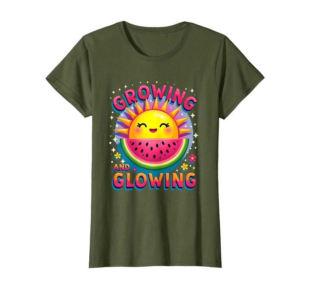 Growing & Glowing Maternity Tee: Summer Design, Olive Green, X-Large for Women