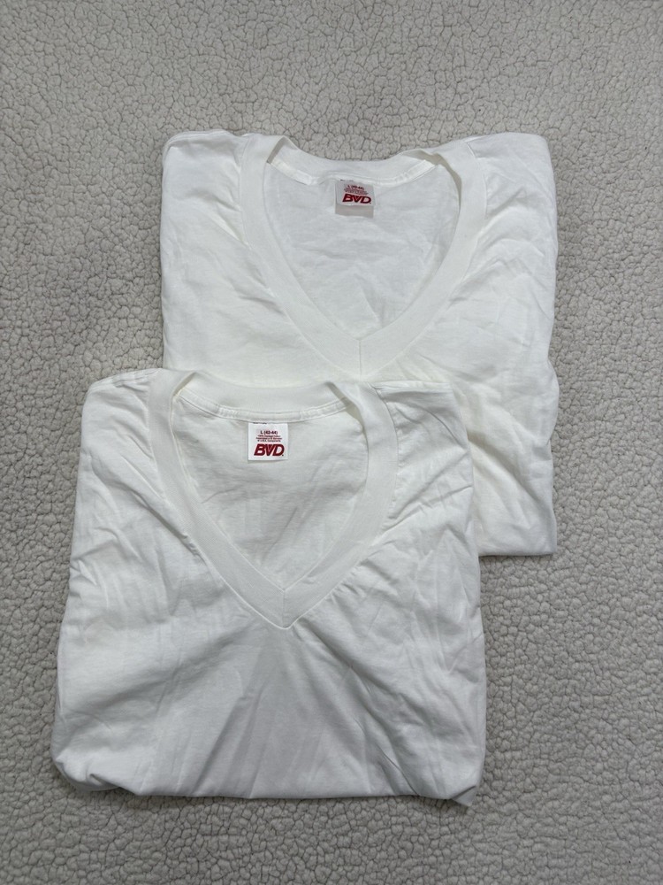 2 Vtg BVD Mens White V Neck T-Shirts Cotton Size Large (42-44) 90s Single Stitch