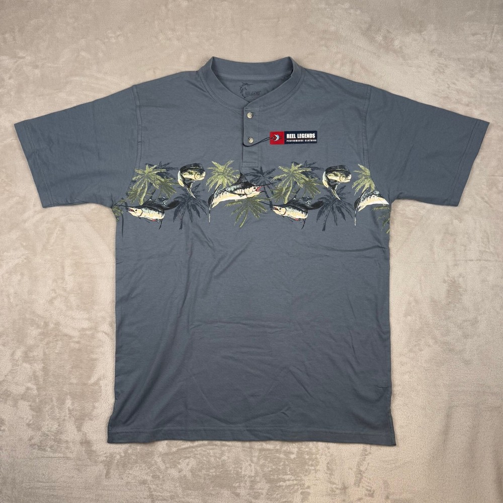 NTW Reel Legends Tee Shirt Mens L Sword fish Button Closure Outdoor
