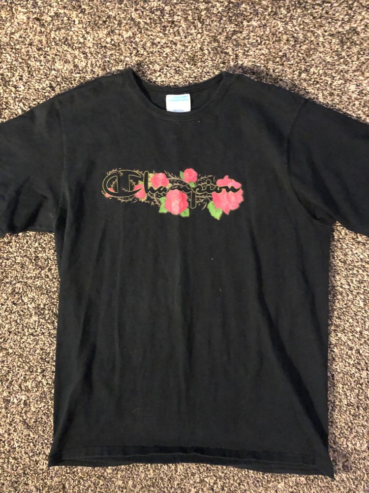 Vintage Y2K Champion Roses Graphic Adult XL Black Short Sleeve Floral Shirt