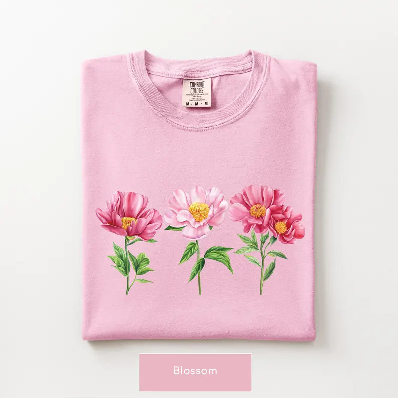 Watercolor Peony Trio Floral Comfort Tee Shirt Pink Womens Soft