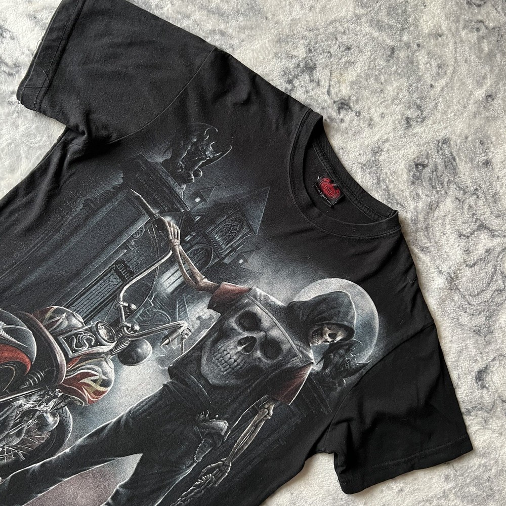 Spiral Black Grim Reaper Double Sided Graphic Print Horror Gothic Biker Tshirt S